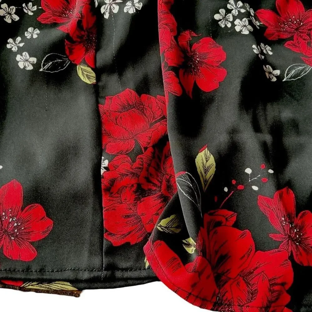 Lulus Mini Dress Women XL Black Red Satin Floral Invitation Long Puff Sleeve - Picture 4 of 7